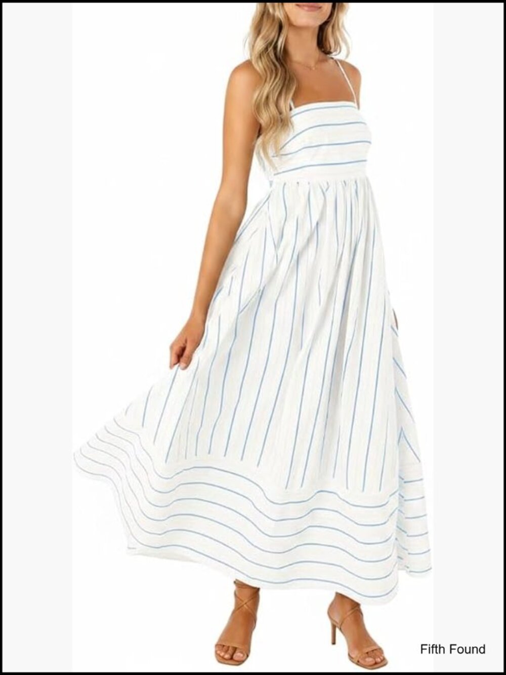 Women's Striped Back Smocked Maxi Dress Spaghetti Strap Cut Out Swing Long - Picture 1 of 6